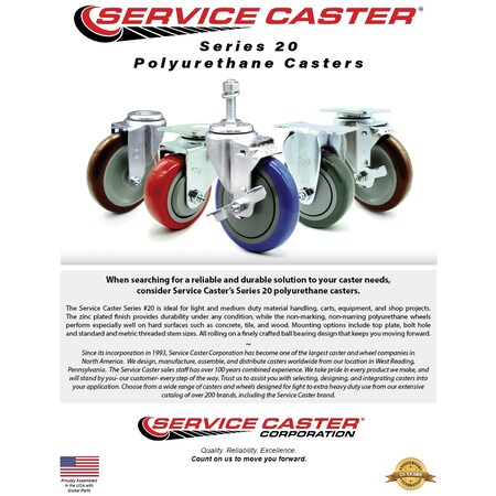 Service Caster 5 Inch Maroon Polyurethane Swivel 10mm Threaded Stem Caster Set with Brake SCC-TS20S514-PPUB-MRN-TLB-M1015-4